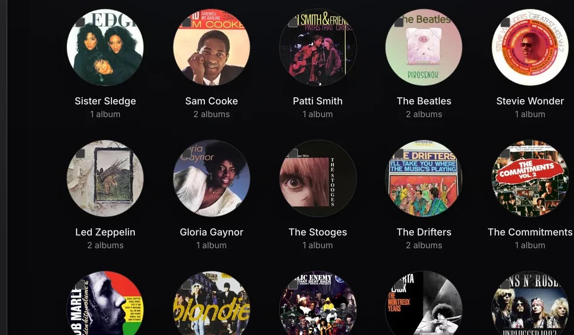The OriginPlayer library grouped by artist, shown as circular artwork tiles