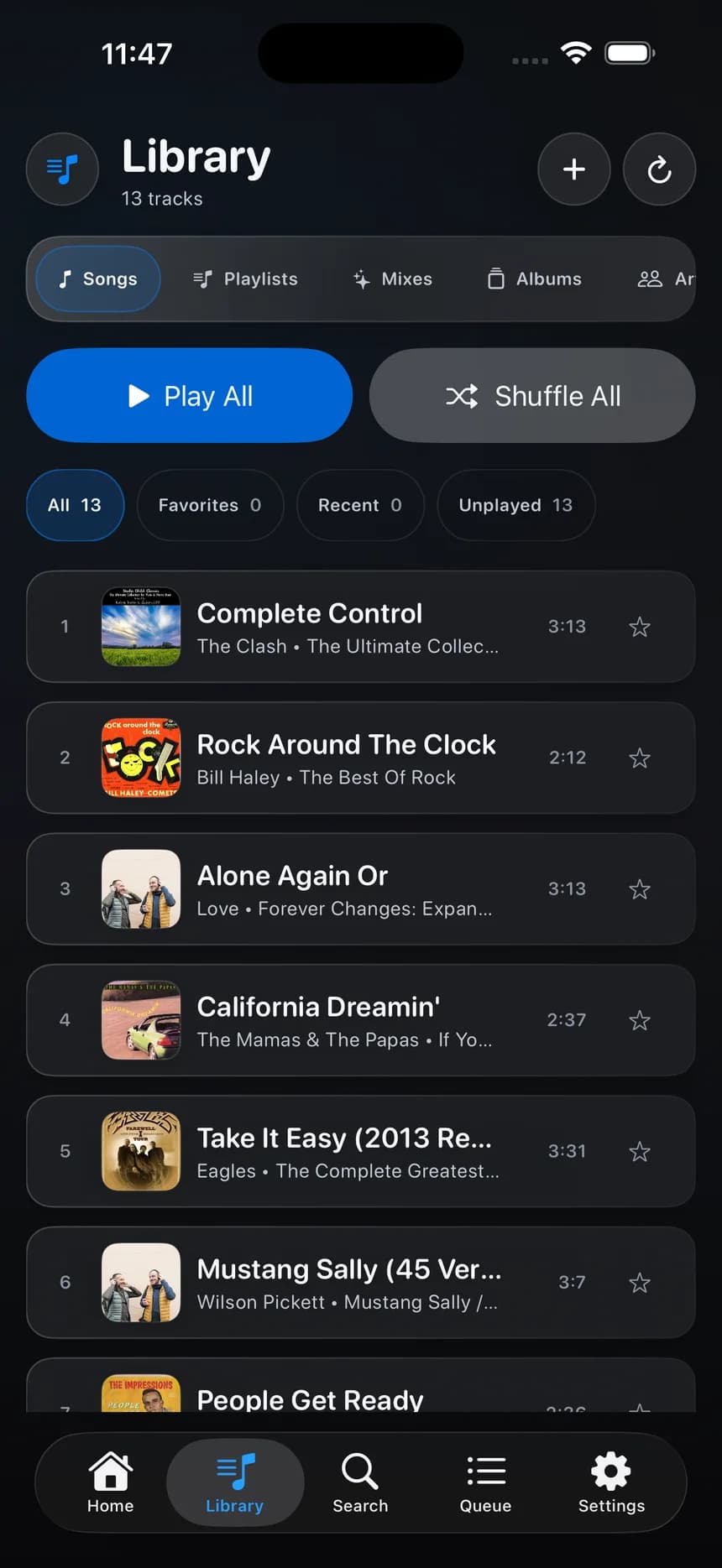 The OriginPlayer iPhone app showing the library with a track list
